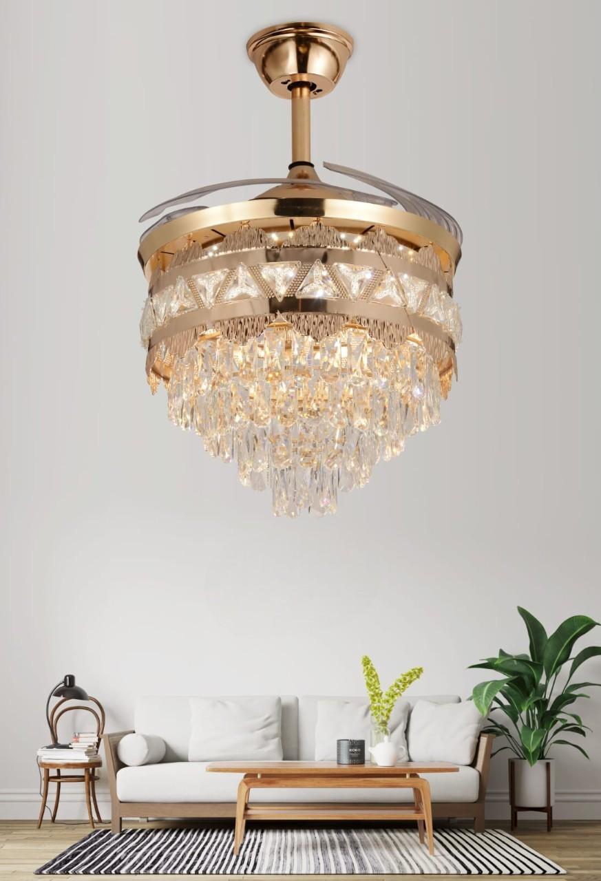 JS-FO - FI-7799 High Speed Crystal Chandelier Fans French Gold Finish Acrylic Blades Size 1070mm