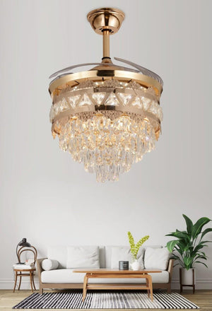 JS-FO - FI-7799 High Speed Crystal Chandelier Fans French Gold Finish Acrylic Blades Size 1070mm
