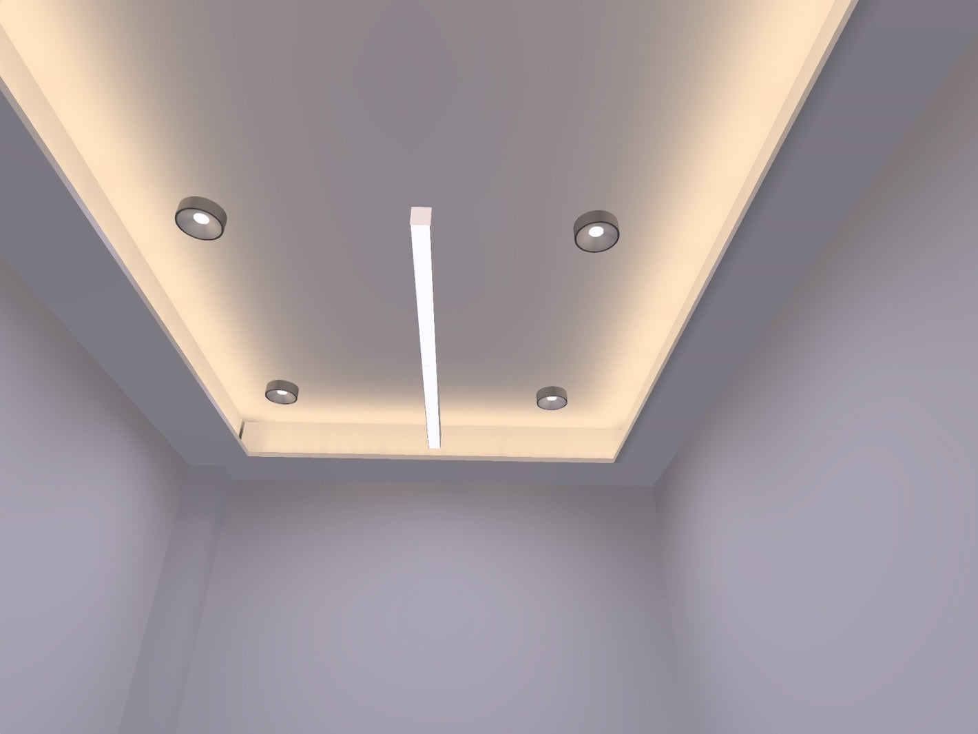 Office lighting design 3D render — cove perimeter lighting with recessed downlights and a central linear fixture