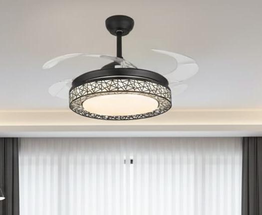 JS-FO - FI-7630 High Speed Crystal Chandelier Fans Black Finish Acrylic Blades Size 1070mm