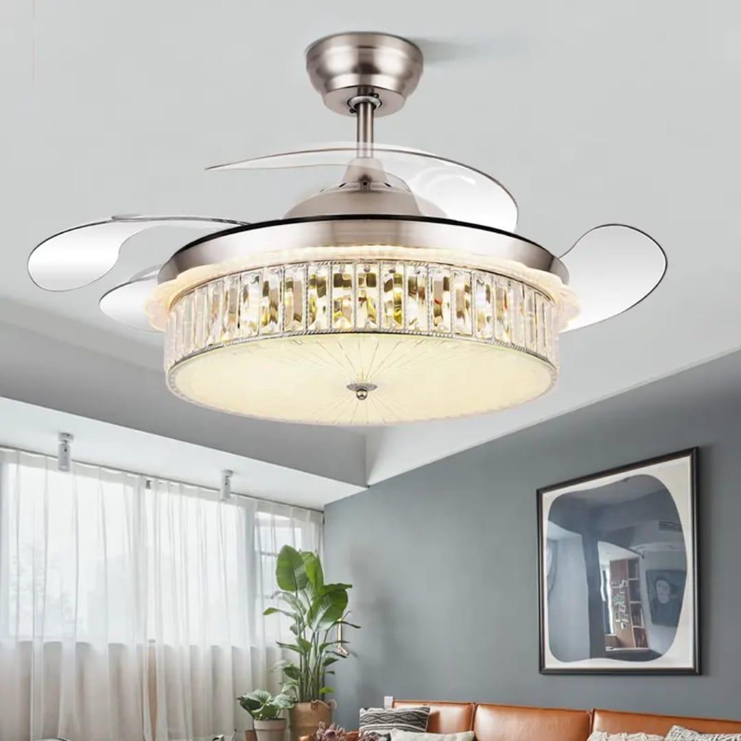 JS-FO - FI-7790 High Speed Crystal Chandelier Fans Chrome Finish Acrylic Blades Size 1070mm