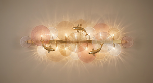 Golden Koi Ripple Glass Wall Chandelier – A Backlit Water Garden for Modern Foyers