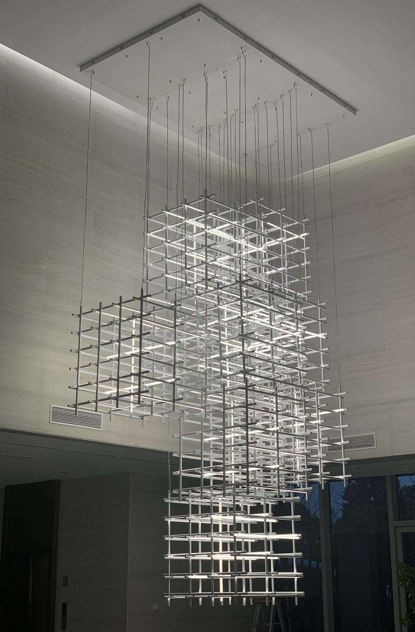 Architectural Grid Cage LED Chandelier – A Sculptural Statement for Double-Height Foyers