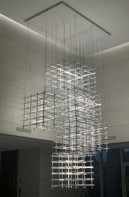 Architectural Grid Cage LED Chandelier – A Sculptural Statement for Double-Height Foyers