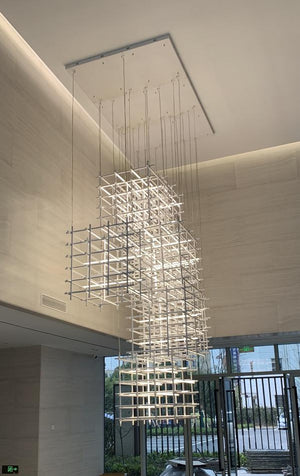 Architectural Grid Cage LED Chandelier – A Sculptural Statement for Double-Height Foyers