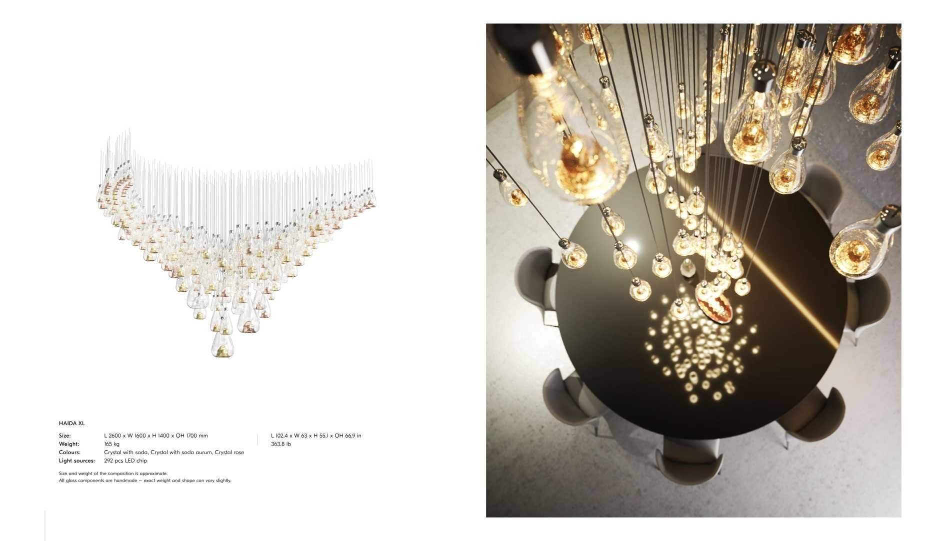 HAIDA XL composition — faceted teardrop glass suspension chandelier installed over a dining table