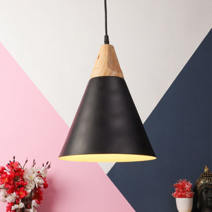 Black-White Metal Hanging Light  - hanging-bk+wh+wood - Included Bulb