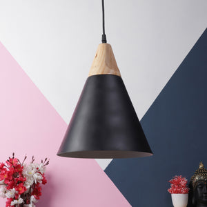Black-White Metal Hanging Light  - hanging-bk+wh+wood - Included Bulb
