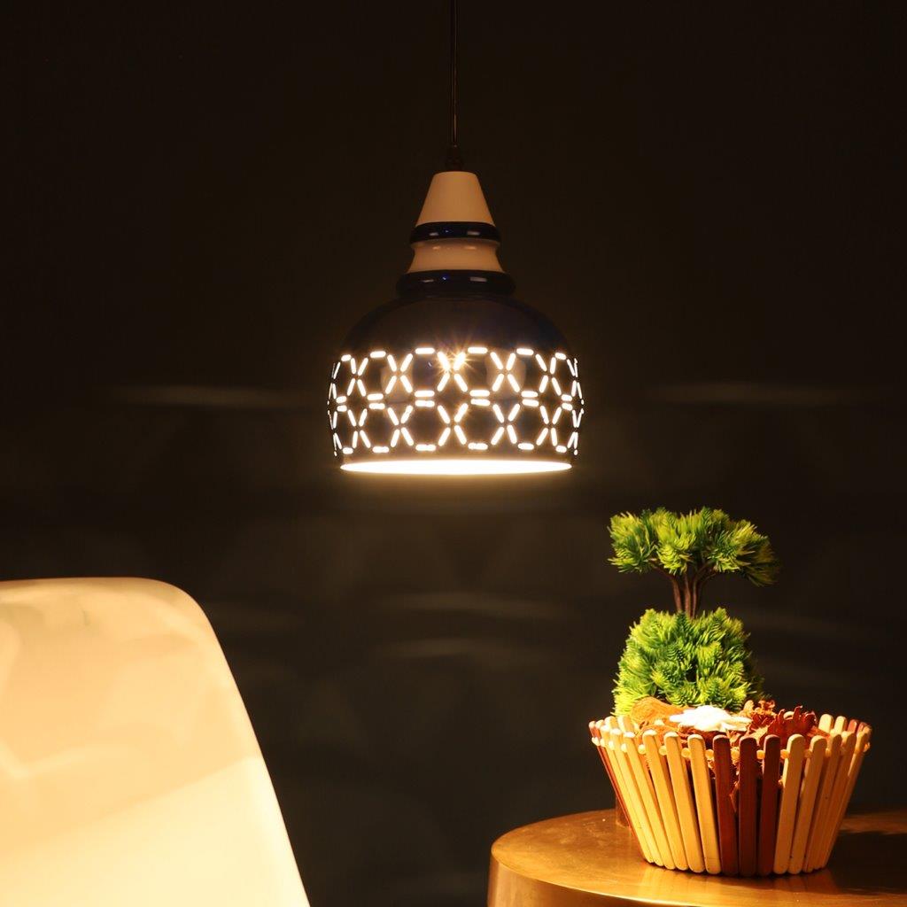 Blue Metal Hanging Light HELMET-1P-BL-WH-HL