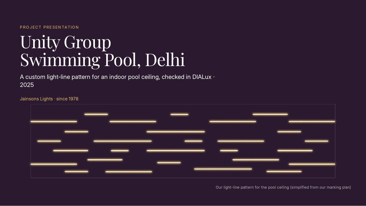 Unity Group swimming pool, Delhi — our custom light-line pattern for the pool ceiling