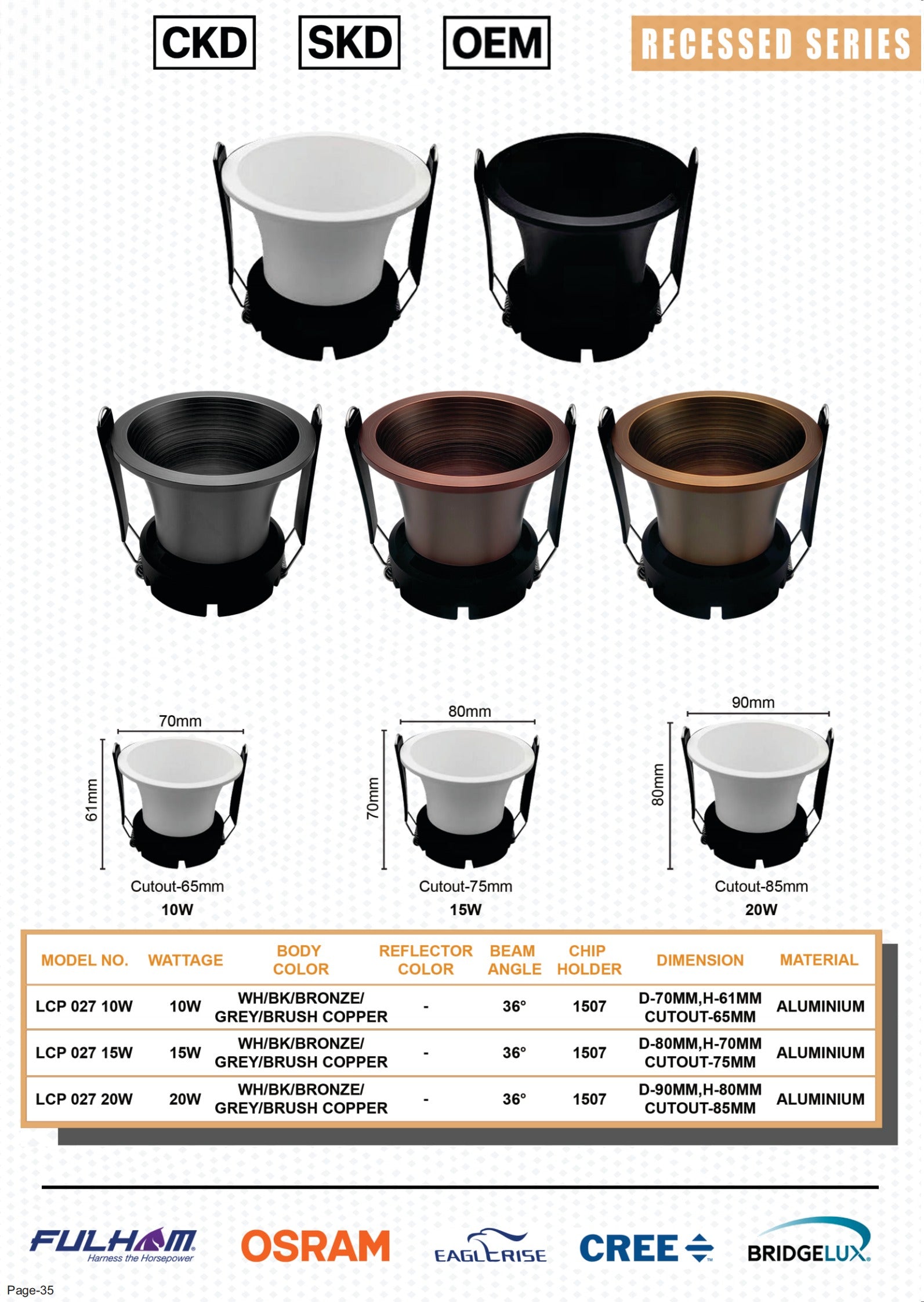 LCP-027 Deep — full range, all 5 body colours and dimensions