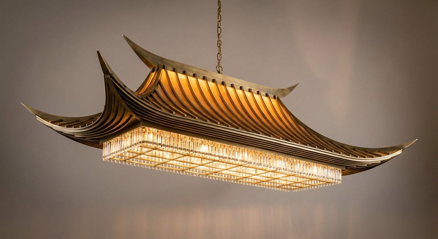 Ribbed Brass Pagoda Chandelier - sculptural brass pagoda-roof chandelier with crystal rod diffuser