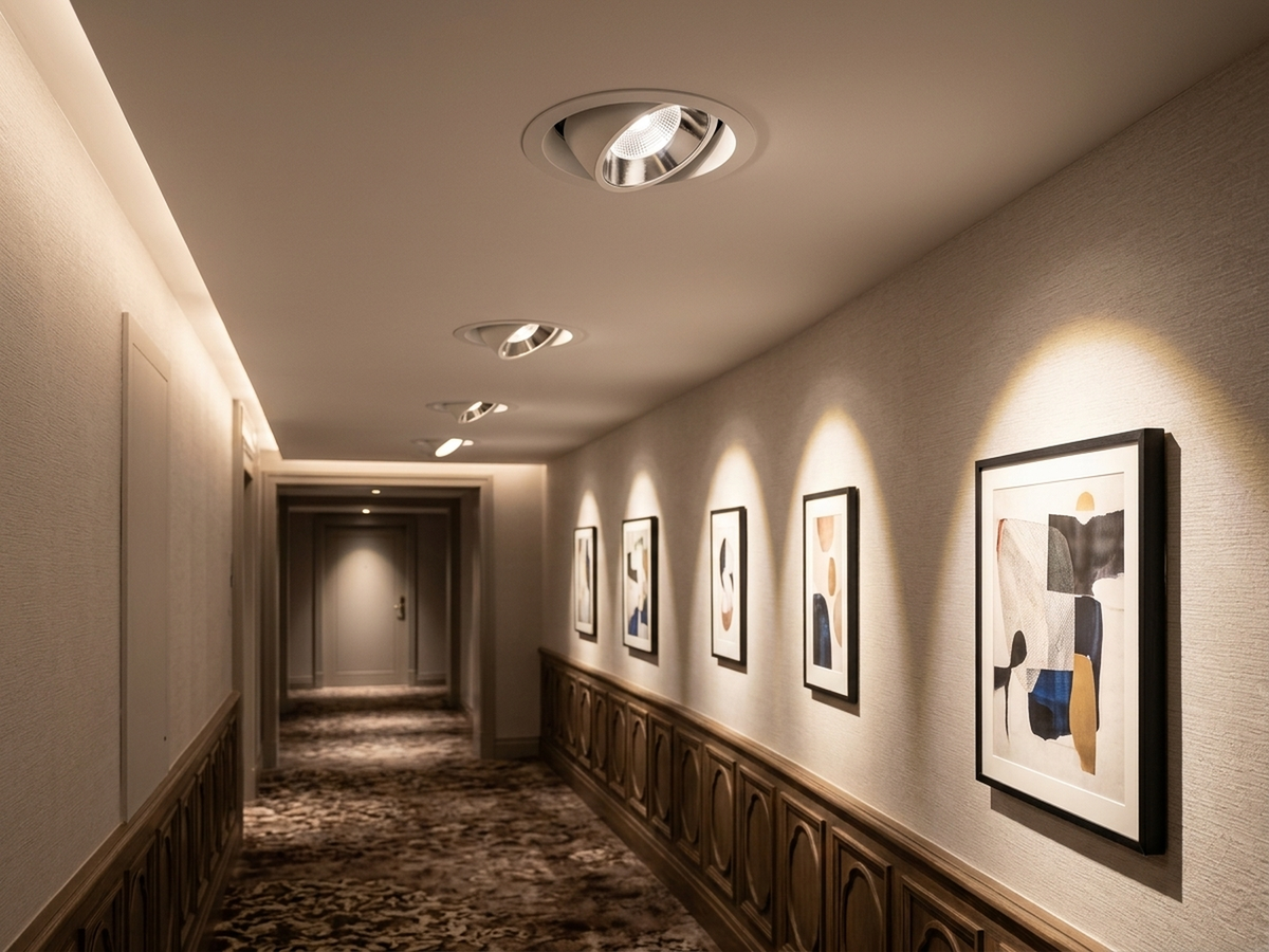 Hotel corridor idea with recessed dome downlights on artwork (illustration)