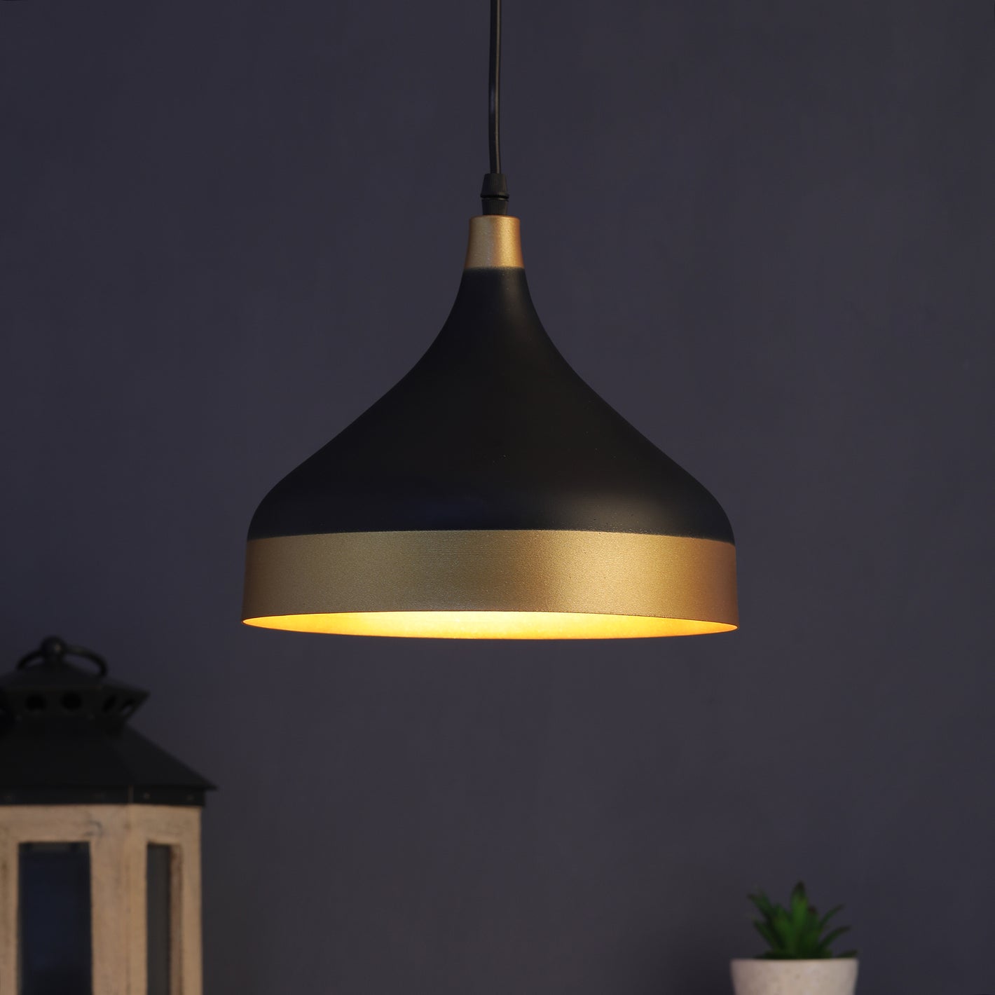 M-46-HL-BK-GD-Small Black Metal Single Hanging Light