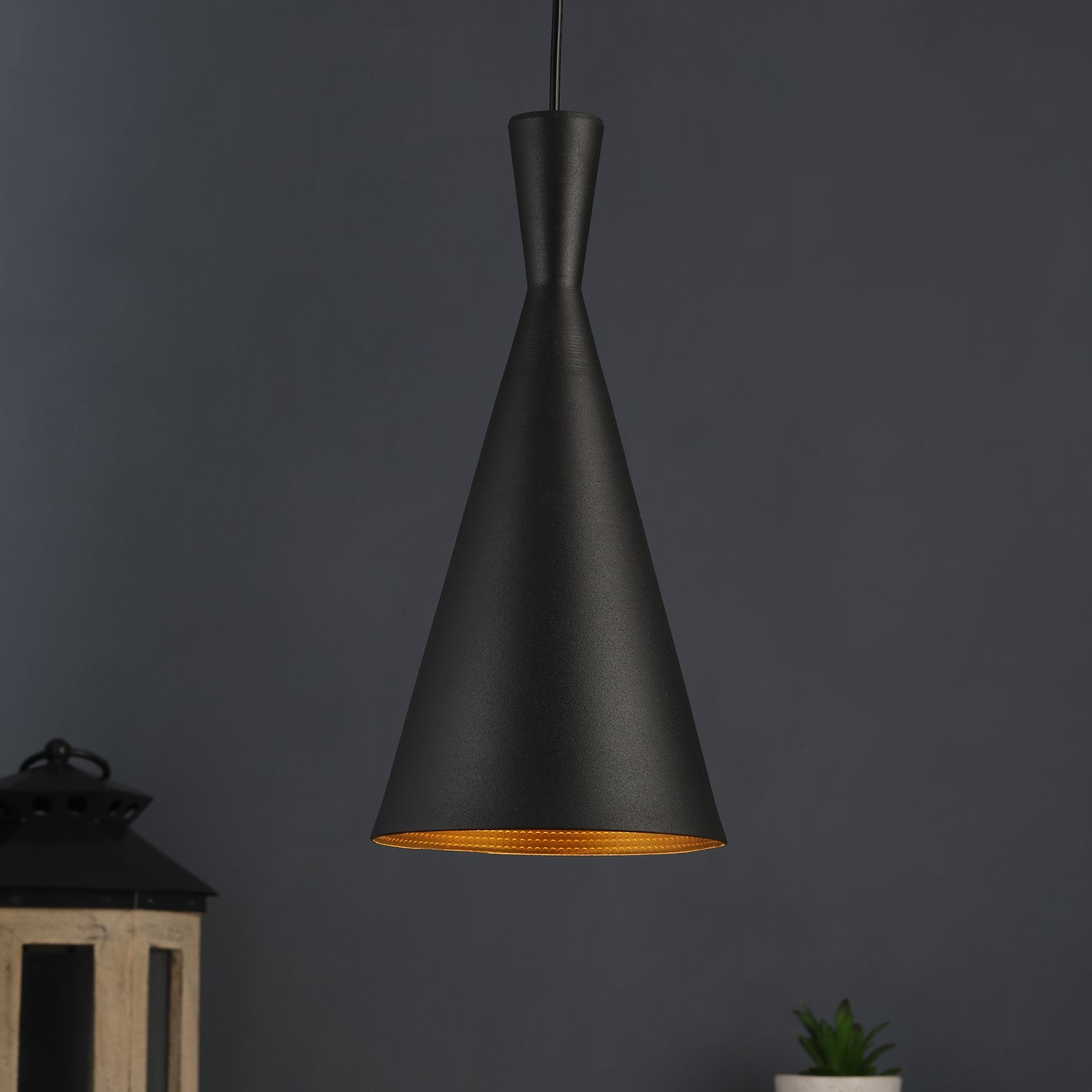 Black Metal Single Hanging Light - CONE-HL-BK-GD
