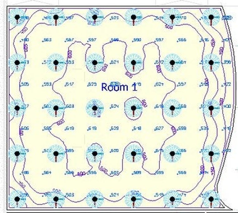 Sportball kids play area, redesign — calculated light: 543 lux average (DIALux)