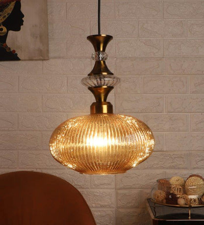 ELIANTE Povque Vintage Hanging Light | Gold Finish Iron & Golden Glass Shade | E27 Holder | Decorative Pendant for Living Room & Dining | with LED Lamp(s) Included | 3 Years Warranty