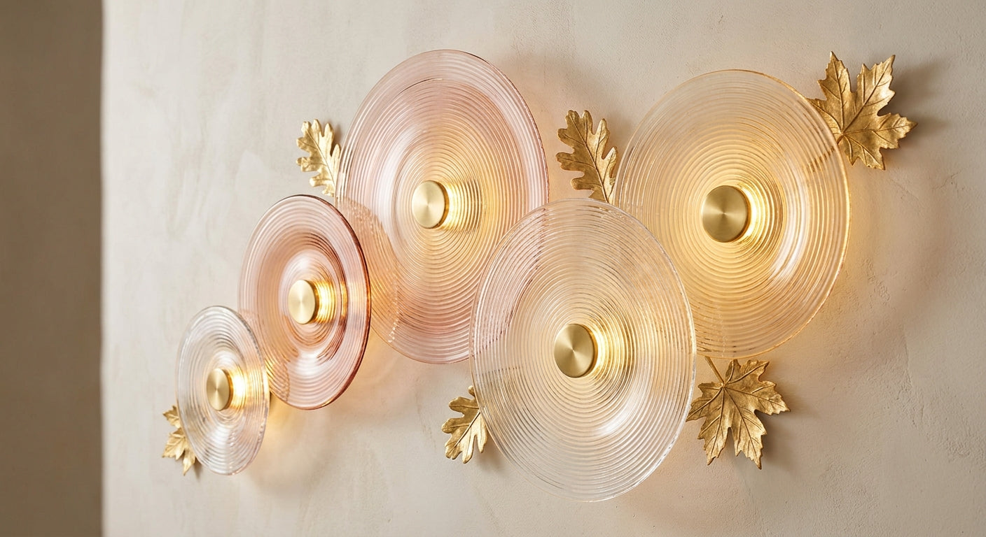 Amber Ripple Glass Wall Chandelier – A Gilded Leaf-Accented Illuminated Sculpture