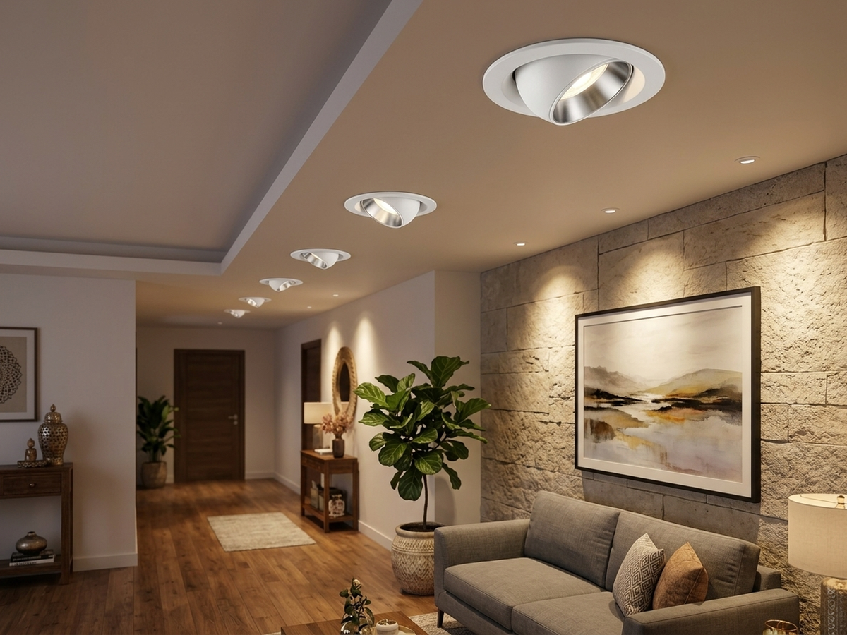 Living room idea with adjustable dome downlights (illustration)