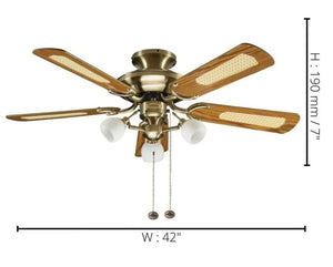 JS-LXR Classic AC 42” Ceiling Designer Fans with Light 1123-Antique Brass Motor & Oak & Cane/ Reverse Gloss Mahogany Blades