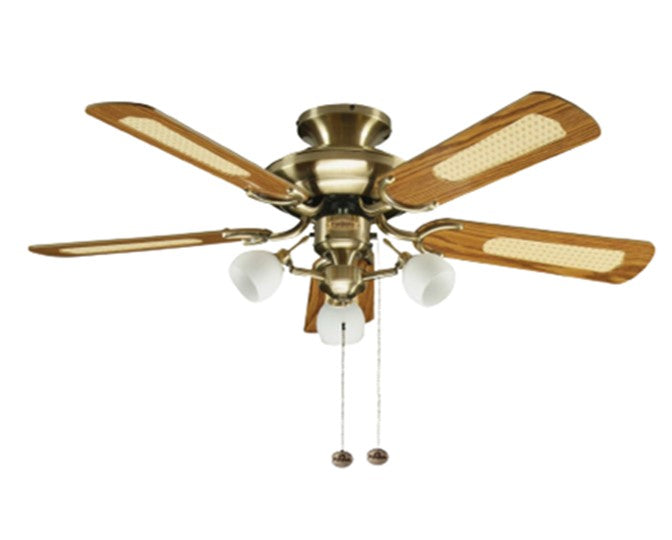 JS-LXR Classic AC 42” Ceiling Designer Fans with Light 1123-Antique Brass Motor & Oak & Cane/ Reverse Gloss Mahogany Blades