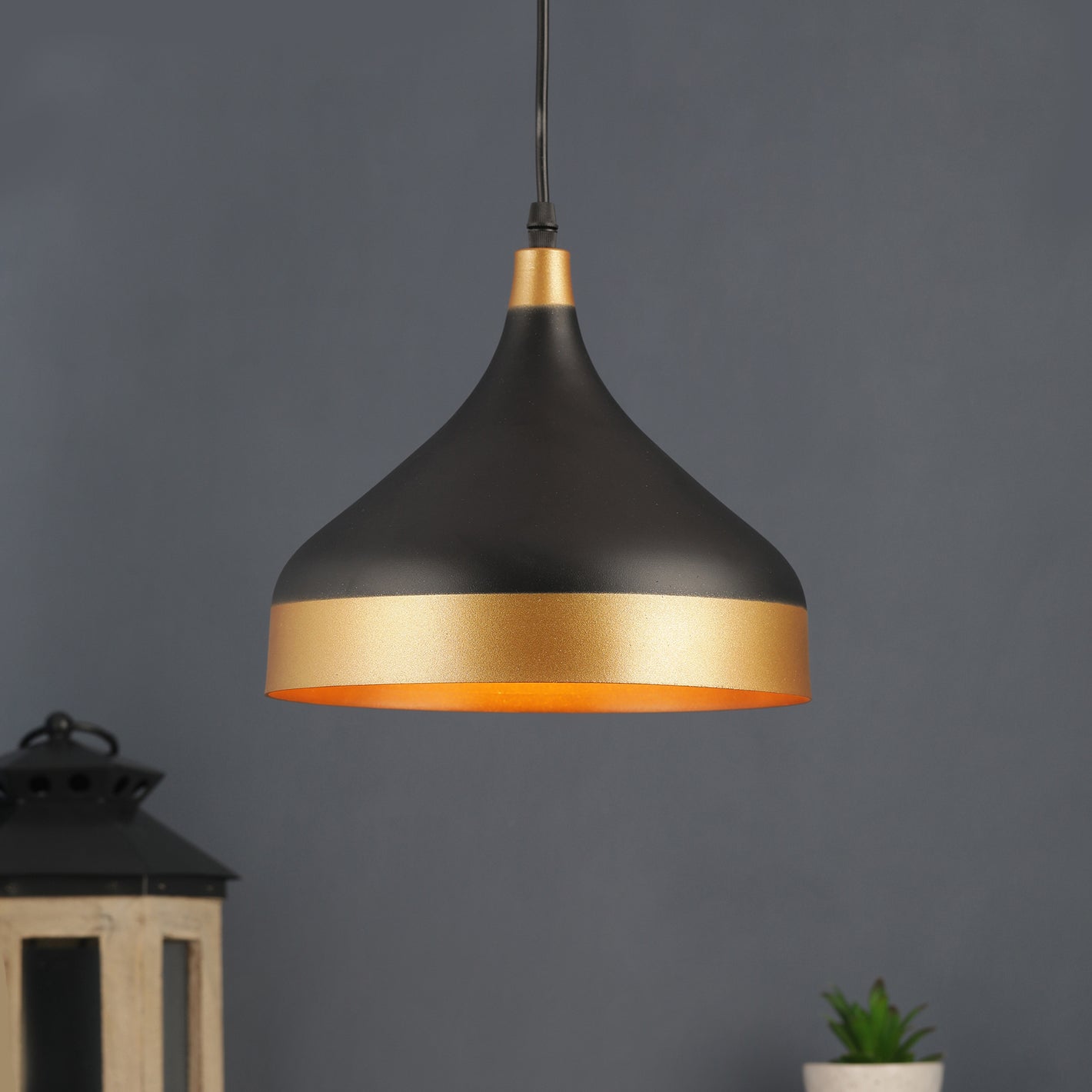 M-46-HL-BK-GD-Small Black Metal Single Hanging Light