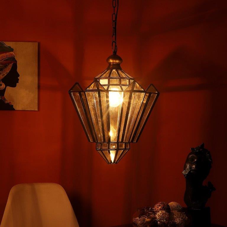 ELIANTE Antique Brass Brass Base Amber Glass Shade Hanging Light - M-7006-1Lp - Bulb Included