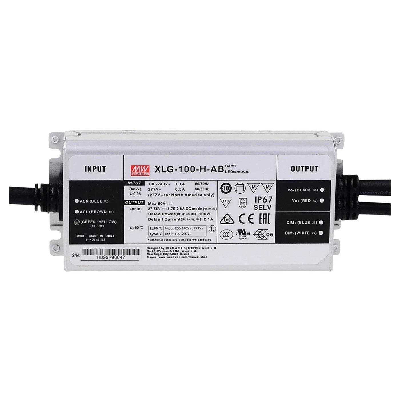 Mean well 27-56vx2.1a Constant Current Dimmable Driver with output Current adjustment XLG-100I-H-AB IP67