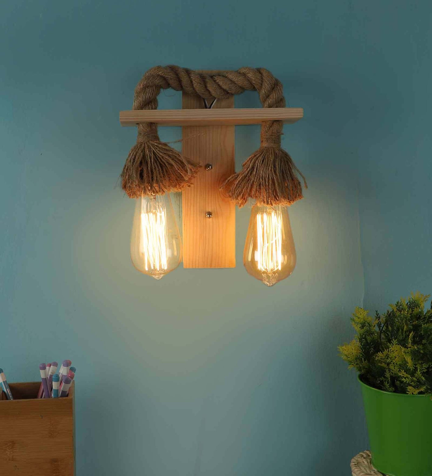 Droplet Jute & Wood Novelty Wall Light (Pine Wood Finish) | L-BAND-2W | Included Bulb | Eliante by Jainsons Lights