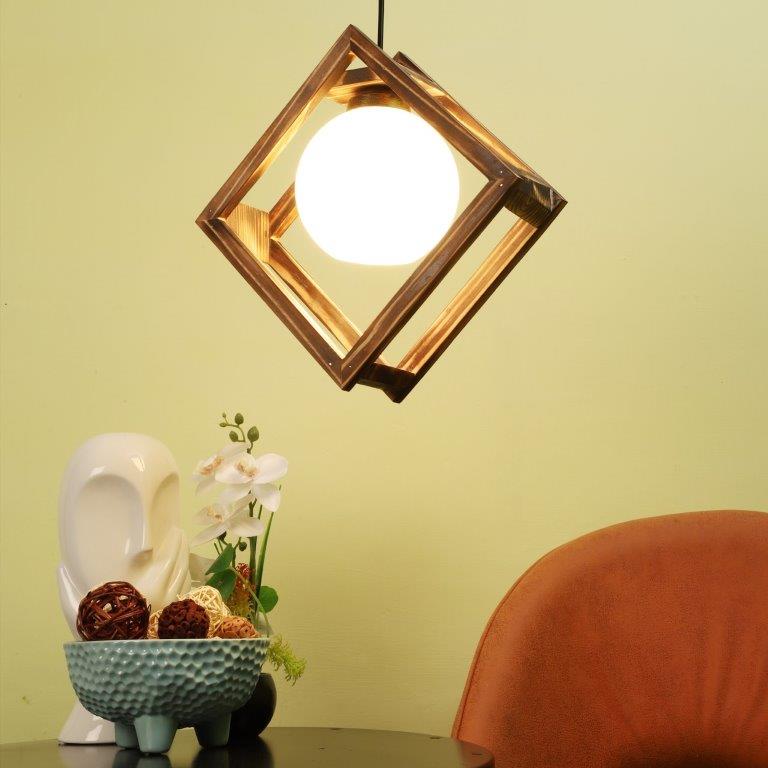 ELIANTE Brown Wood Base White White Shade Hanging Light - Nb-160-Wood-1Lp - Bulb Included