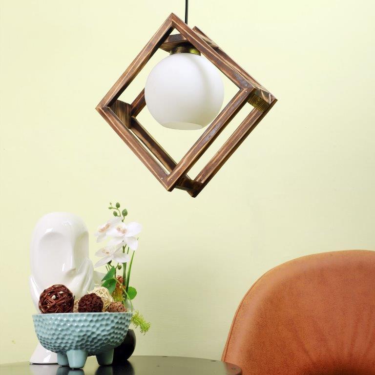 ELIANTE Brown Wood Base White White Shade Hanging Light - Nb-160-Wood-1Lp - Bulb Included