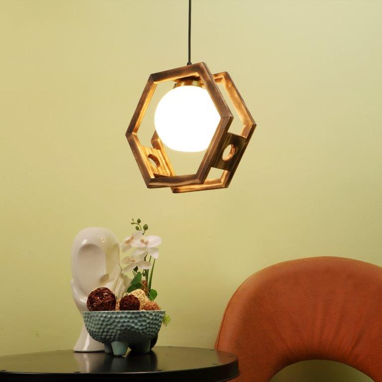 ELIANTE Brown Wood Base White White Shade Hanging Light - Nb-162-Wood-1Lp - Bulb Included