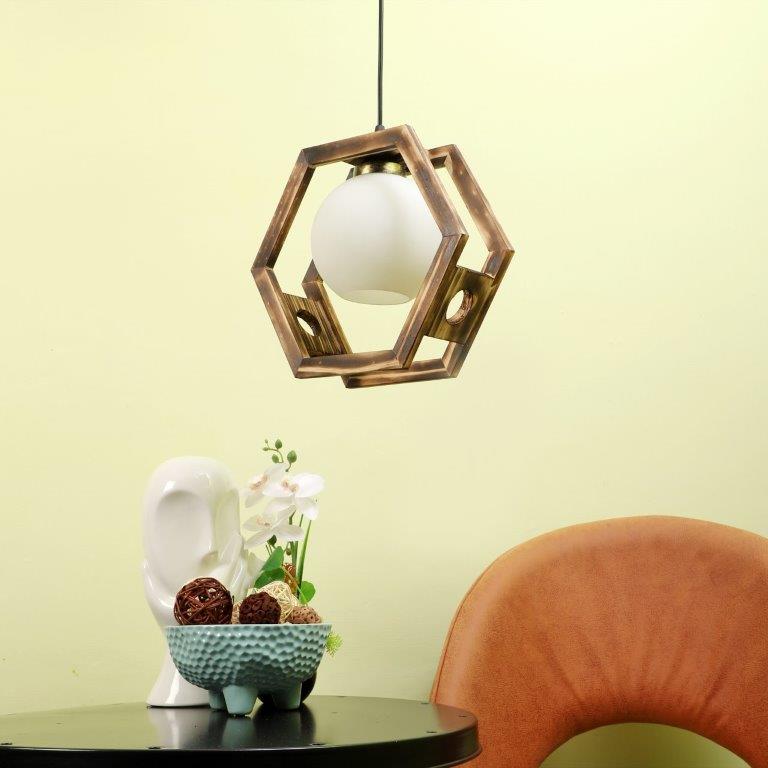 ELIANTE Brown Wood Base White White Shade Hanging Light - Nb-162-Wood-1Lp - Bulb Included