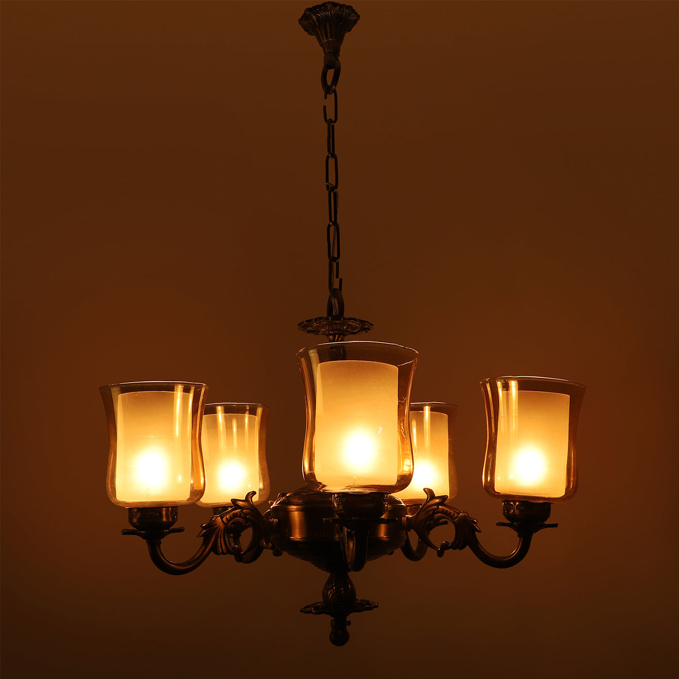 Antique Brass Metal Glass Chandelier - Included Bulb NO-1-5LP-IND