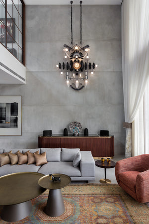 Obsidian Sunburst Glass Chandelier – A Sculptural Statement for Double-Height Living Rooms