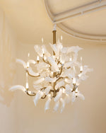 Opalescent ruffled glass cluster chandelier on an antique brass frame