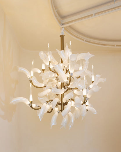 Opalescent ruffled glass cluster chandelier on an antique brass frame
