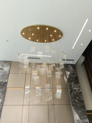 Oval tissue-glass chandelier installed in an IT office reception lobby – photo 2