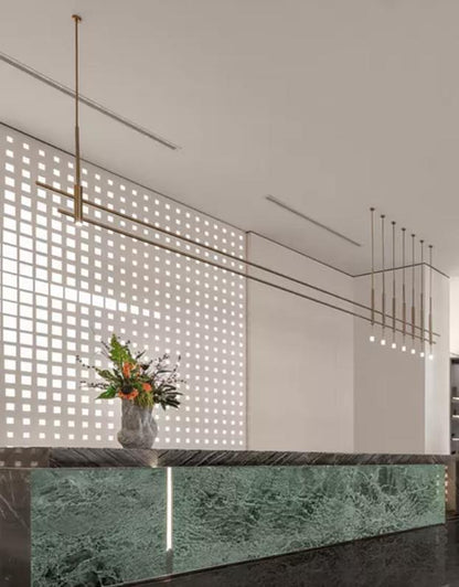 Linear Rod Chandelier with Orb Drops – A Refined Accent for Reception Counters