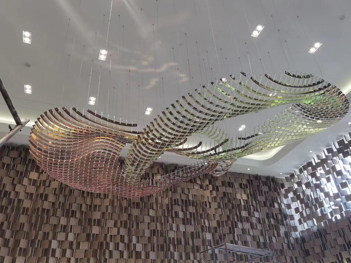 Iridescent Wave Lattice Chandelier – A Sculptural Statement for Grand Lobbies