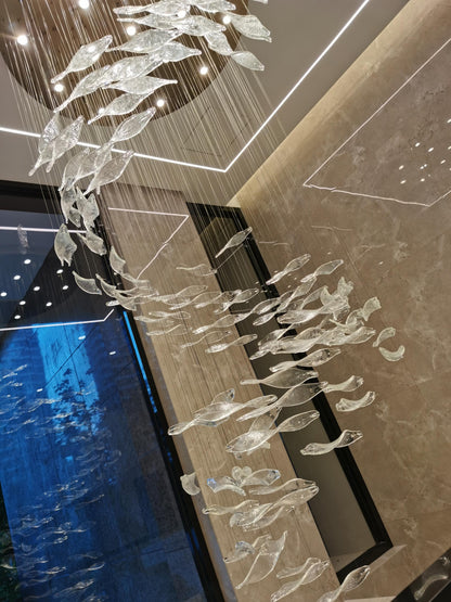 Cascading Glass Leaf Shoal Chandelier – A Dynamic Statement for Double-Height Stairwells