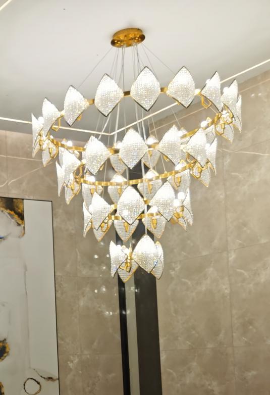 Cascading Glass Leaf Shoal Chandelier – A Dynamic Statement for Double-Height Stairwells