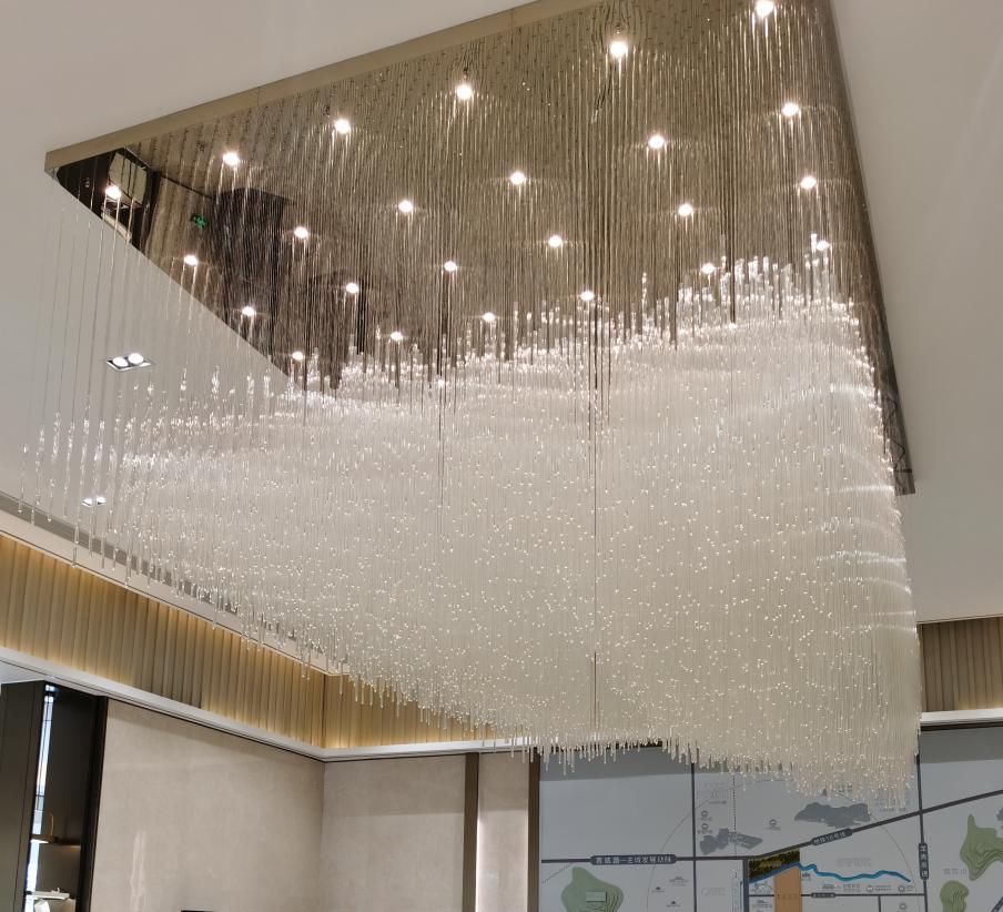 Angled view of the crystal icicle flush chandelier drizzle effect