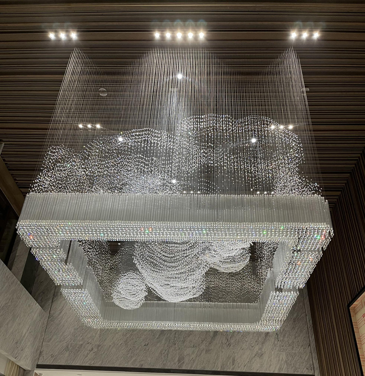 Cascading Crystal Rain Cube Chandelier – A Statement Piece for Double-Height Lobbies