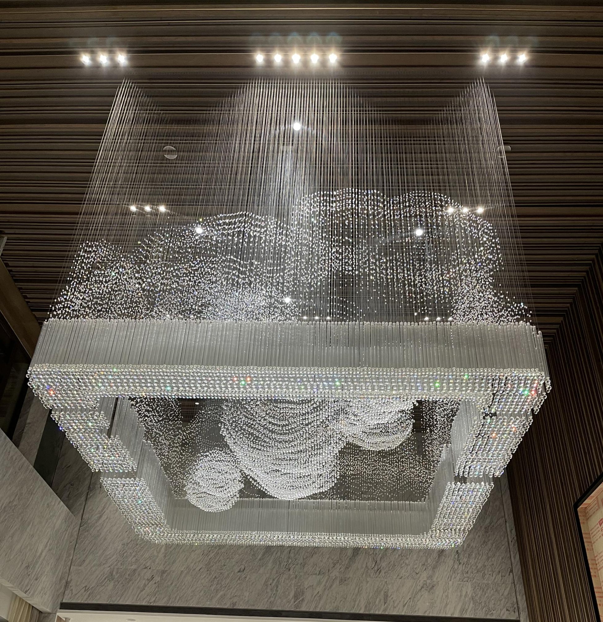 Cascading Crystal Rain Cube Chandelier – A Statement Piece for Double-Height Lobbies