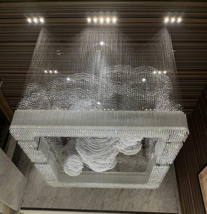 Cascading Crystal Rain Cube Chandelier – A Statement Piece for Double-Height Lobbies