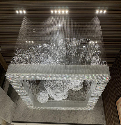 Cascading Crystal Rain Cube Chandelier – A Statement Piece for Double-Height Lobbies