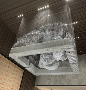 Cascading Crystal Rain Cube Chandelier – A Statement Piece for Double-Height Lobbies