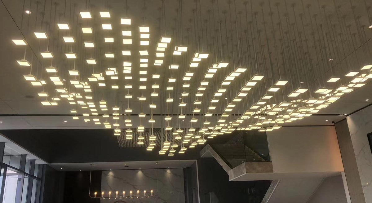 Cascading Wave LED Panel Chandelier – A Sculptural Statement for Double-Height Lobbies