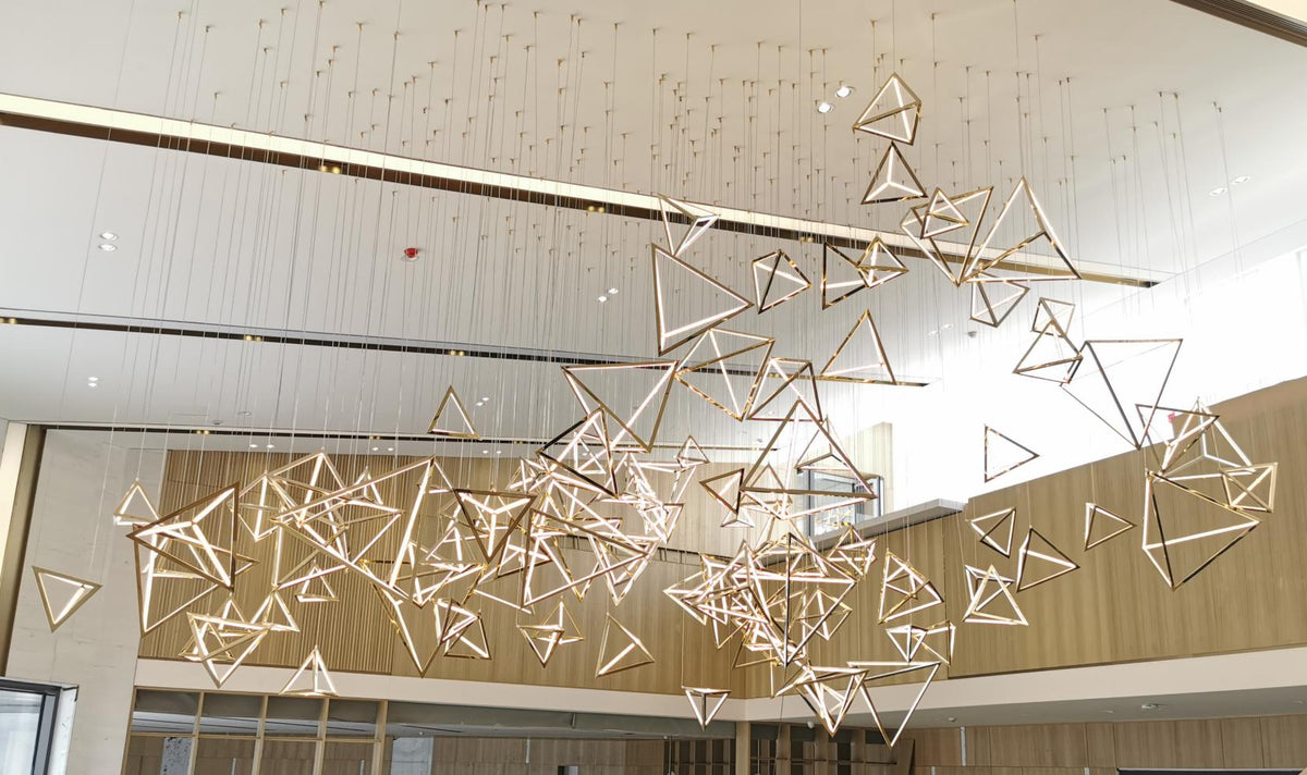 Geometric Triangle Cluster Chandelier – A Sculptural Statement for Double-Height Lobbies